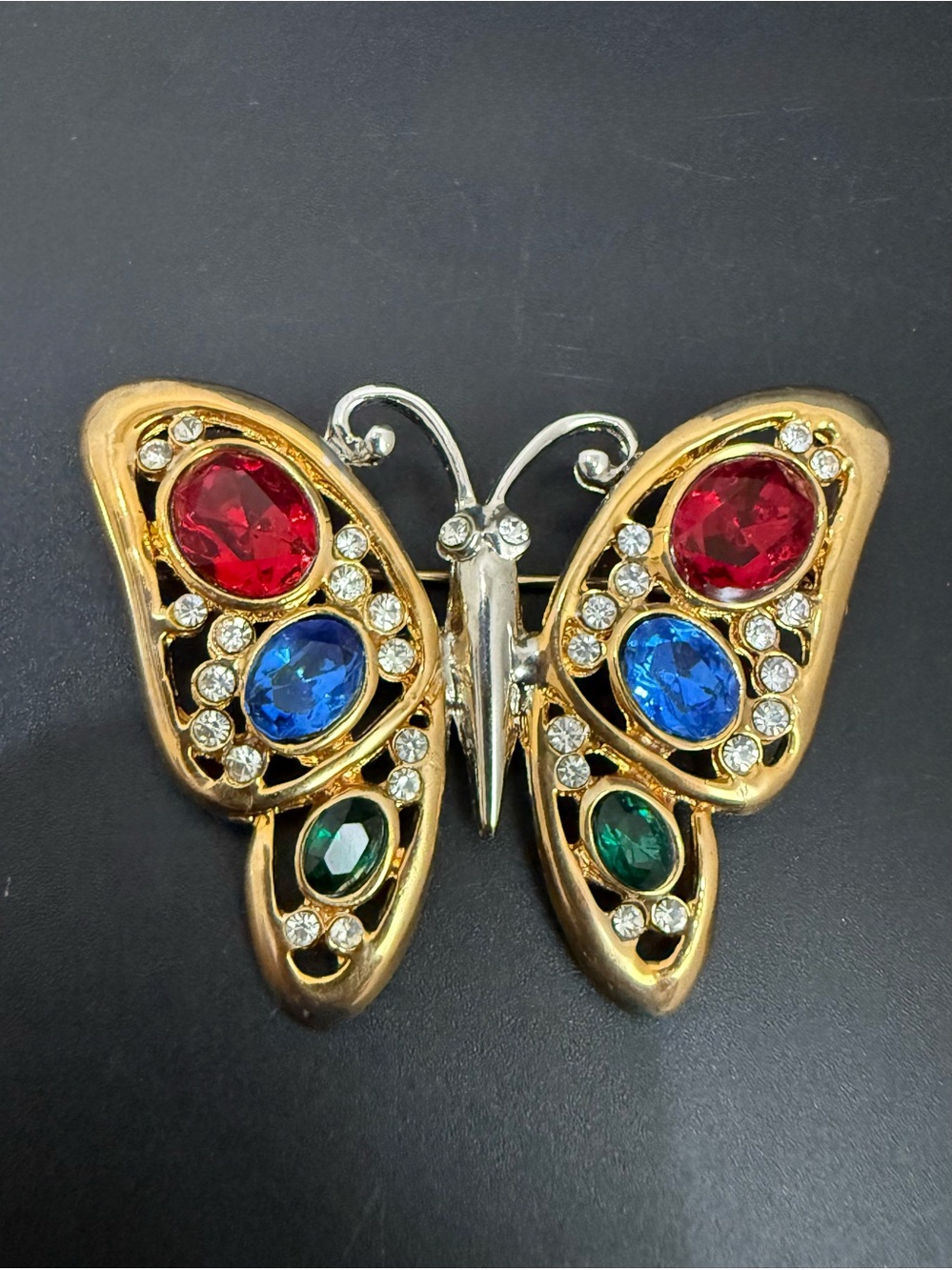 Vintage Regency Accessories Goldtone Blue Red Green Rhinestones Butterfly Brooch